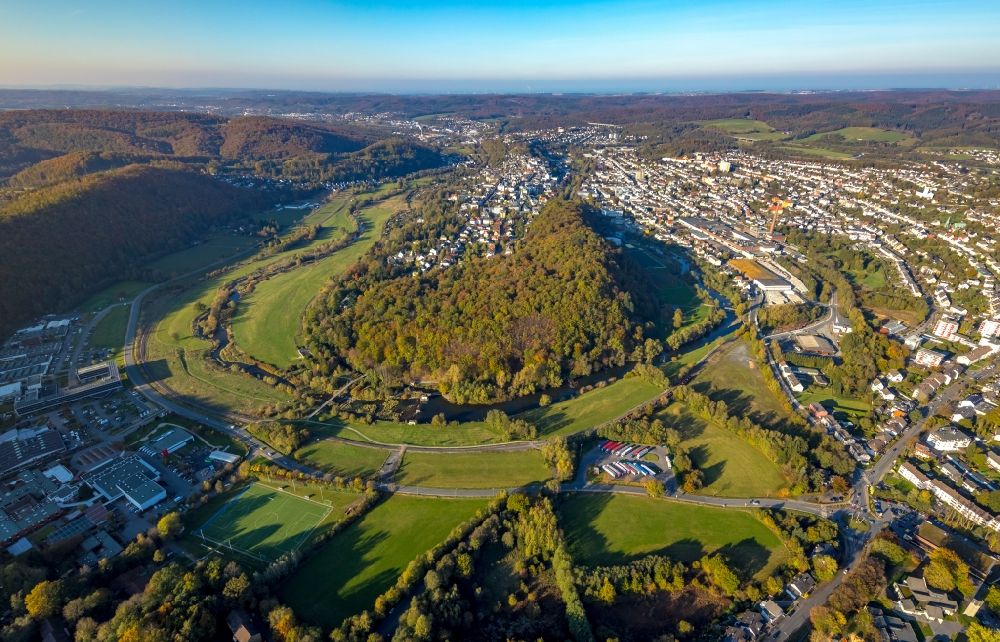 Arnsberg from above - Forest areas in autumn colors in the nature reserve Eichholz in the district Wennigloh in Arnsberg in the state North Rhine-Westphalia, Germany