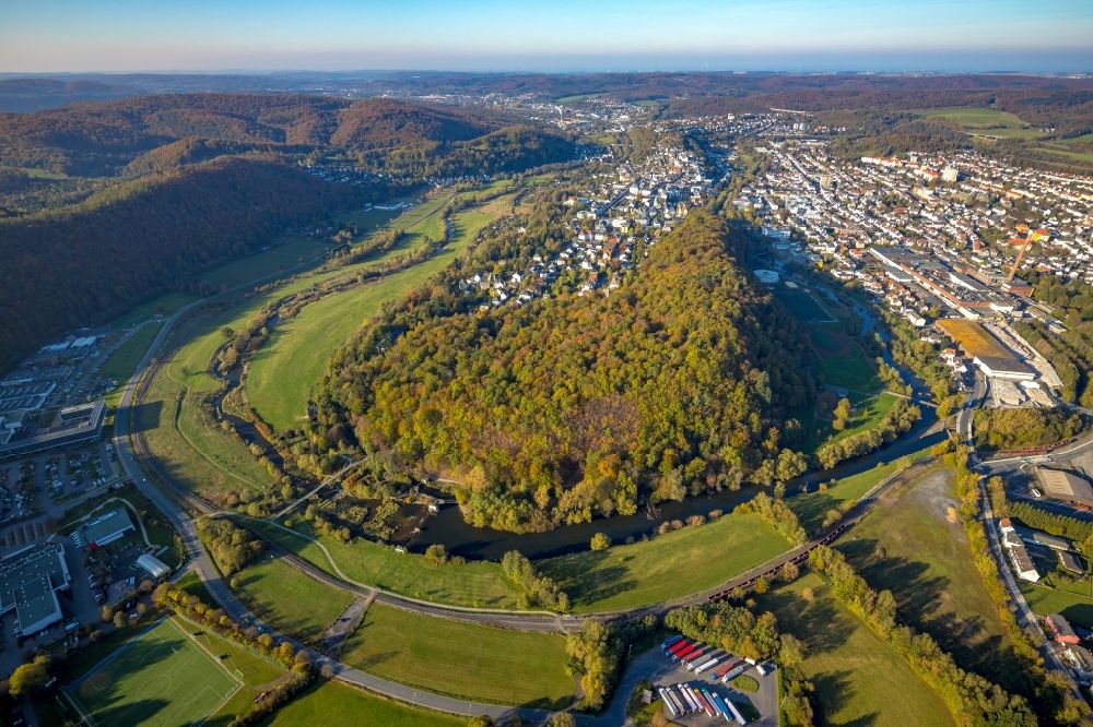 Arnsberg from the bird's eye view: Forest areas in autumn colors in the nature reserve Eichholz in the district Wennigloh in Arnsberg in the state North Rhine-Westphalia, Germany