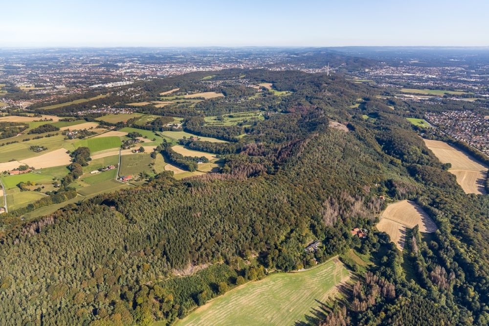 Bielefeld from above - Forest areas in on the edge of agricultural fields in the Krebsbach- and Horstbachtal in the eastern Teutoburg Forest in Steinhagen in the state North Rhine-Westphalia, Germany