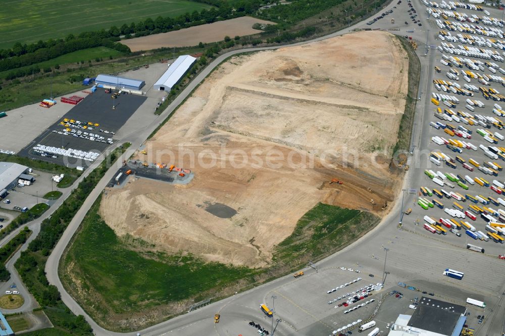 Travemünde from the bird's eye view: Construction site of building complex and distribution center on the site of Terminal Skandinavienkai in the district Ivendorf in Travemuende in the state Schleswig-Holstein, Germany
