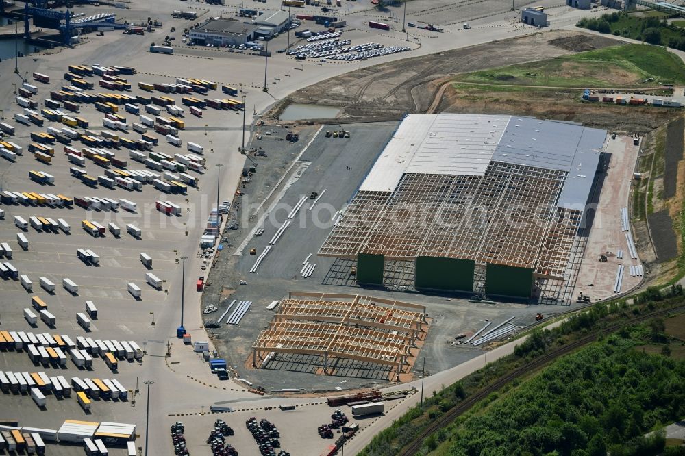 Travemünde from above - Construction site of building complex and distribution center on the site of Terminal Skandinavienkai in the district Ivendorf in Travemuende in the state Schleswig-Holstein, Germany