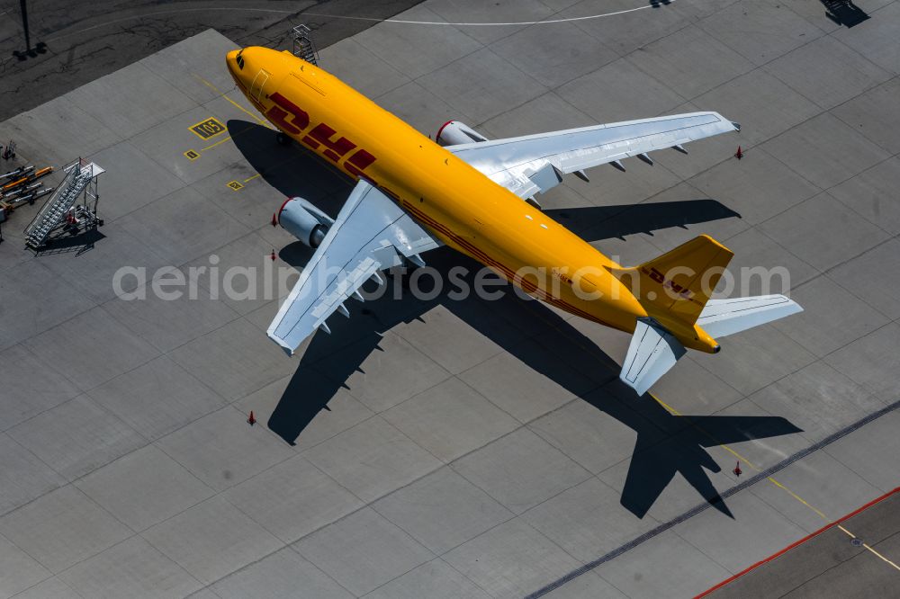 Leinfelden-Echterdingen from above - Freight plane cargo machine - aircraft D-AEAE of the DHL rolling on the apron of the airport in Neuhausen auf den Fildern in the state Baden-Wuerttemberg, Germany