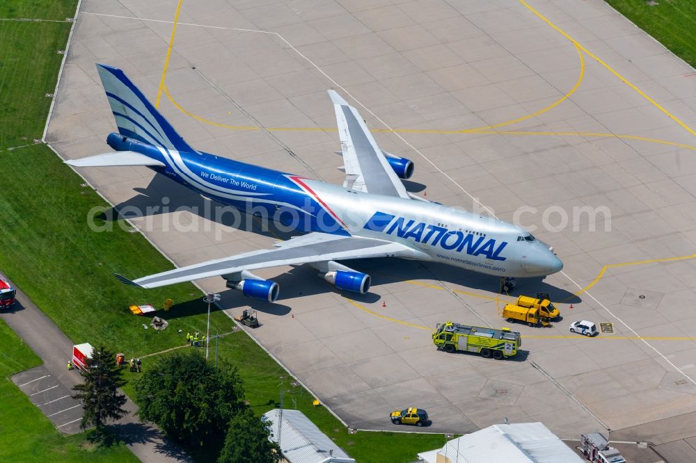 Filderstadt from above - Freight plane cargo machine - aircraft Boeing 747-428(BCF) with the identifier N952CA rolling on the apron of the airport in Filderstadt in the state Baden-Wuerttemberg, Germany
