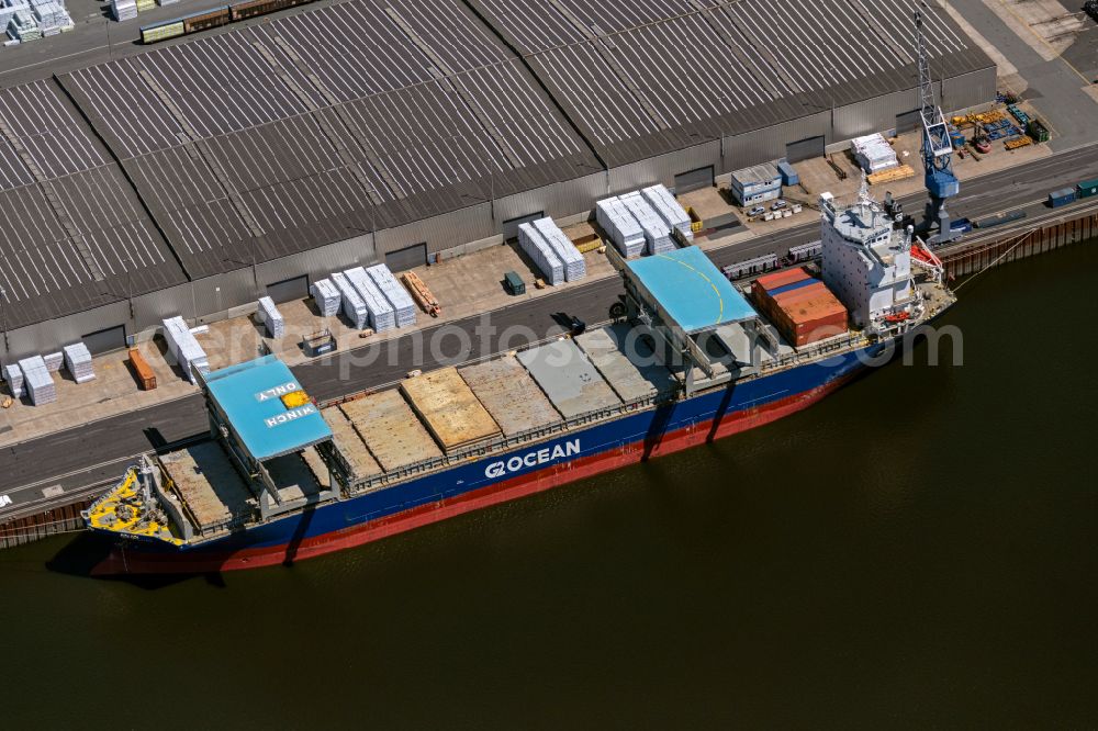 Bremen from above - Cargo ship G2 Ocean lying in the harbor at Neustaedter Hafenkai in Bremen, Germany