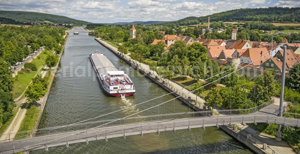 Aerial image Berching - Cargo ships and bulk carriers on the inland shipping waterway of the river course of Main-Donau-Kanal in Berching in the state Bavaria, Germany