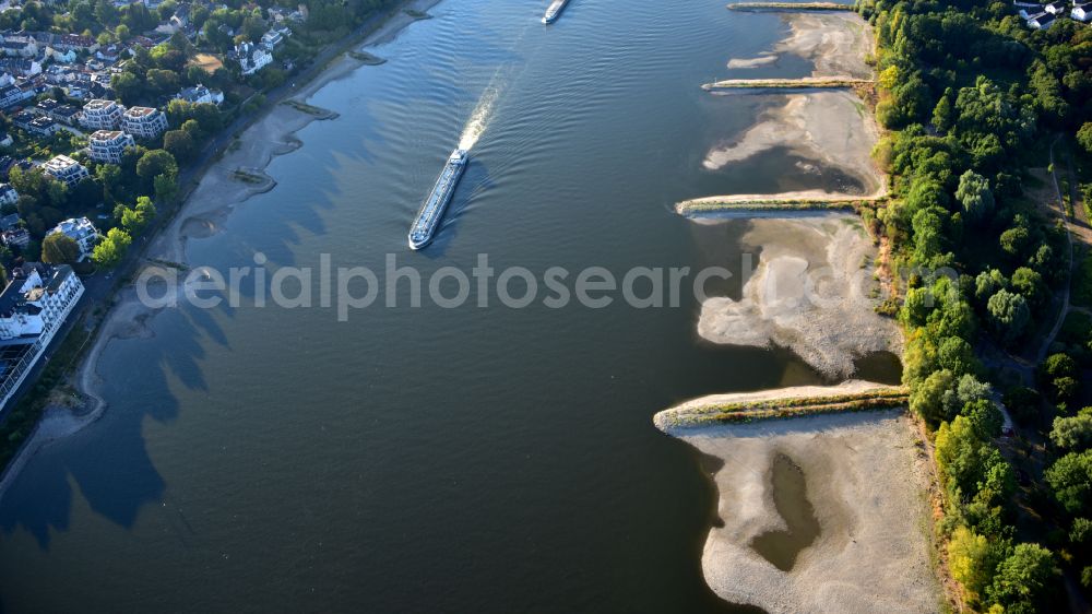 Aerial photograph Bonn - Cargo ship with a reduced load due to low water on the Rhine in Bad Honnef in the state North Rhine-Westphalia, Germany