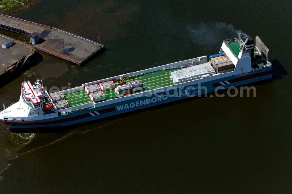 Aerial image Bremen - Cargo ship Wagenborg on the Weser entering the Neustaedter Hafen in the Neustaedter Hafen district in Bremen, Germany