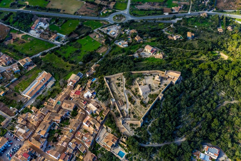 Capdepera from the bird's eye view: Fragments of the fortress Castell de Capdepera in Capdepera in Balearische Insel Mallorca, Spain