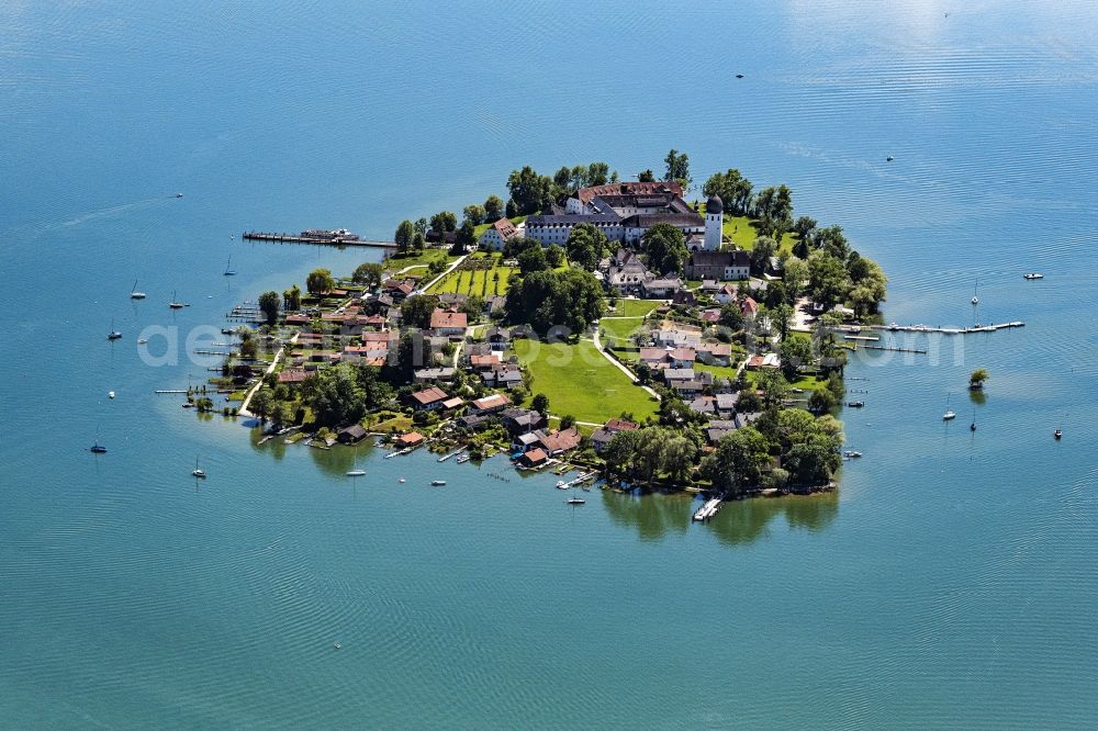 Aerial image Chiemsee - Fraueninsel in the Chiemsee in the state of Bavaria, Germany with the abbey of the Benedictine women Frauenwoerth