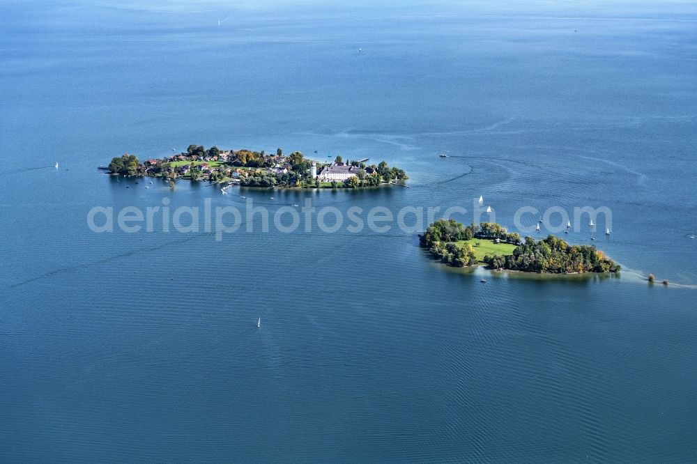 Chiemsee from the bird's eye view: Fraueninsel in the Chiemsee in the state of Bavaria, Germany with the abbey of the Benedictine women Frauenwoerth