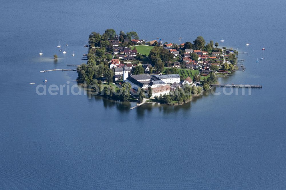 Aerial image Chiemsee - Fraueninsel in the Chiemsee in the state of Bavaria, Germany with the abbey of the Benedictine women Frauenwoerth