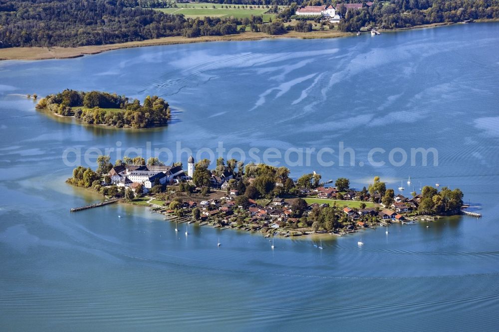 Gstadt am Chiemsee from above - Insel Frauenchiemsee aka Fraueninsel with building complex of the Benedictine Abbey Frauenwoerth in the Chiemsee in the district of Rosenheim in the state of Bavaria