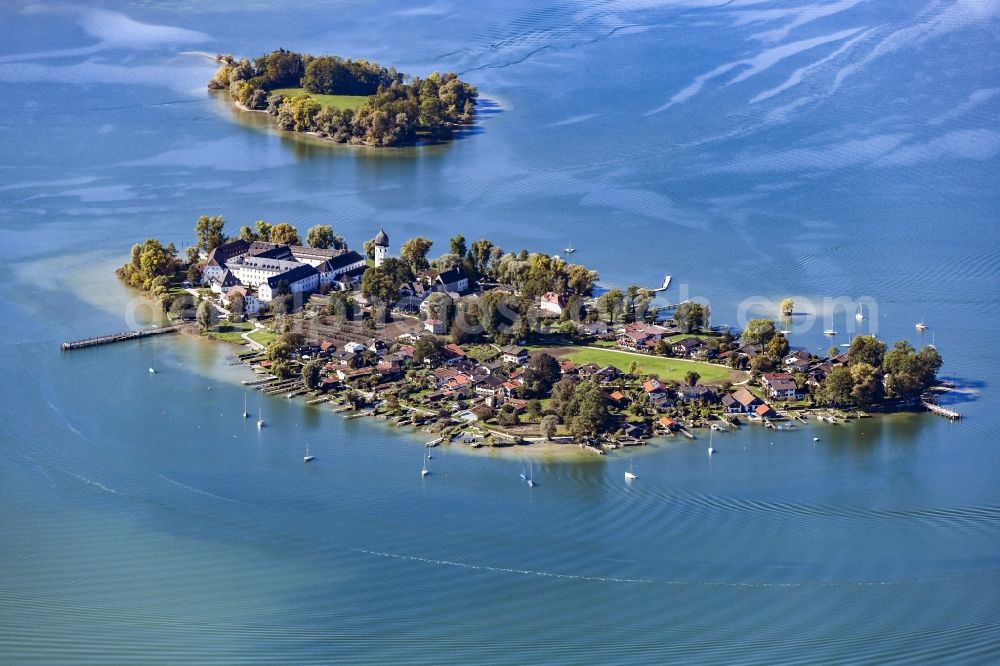 Gstadt am Chiemsee from the bird's eye view: Insel Frauenchiemsee aka Fraueninsel with building complex of the Benedictine Abbey Frauenwoerth in the Chiemsee in the district of Rosenheim in the state of Bavaria