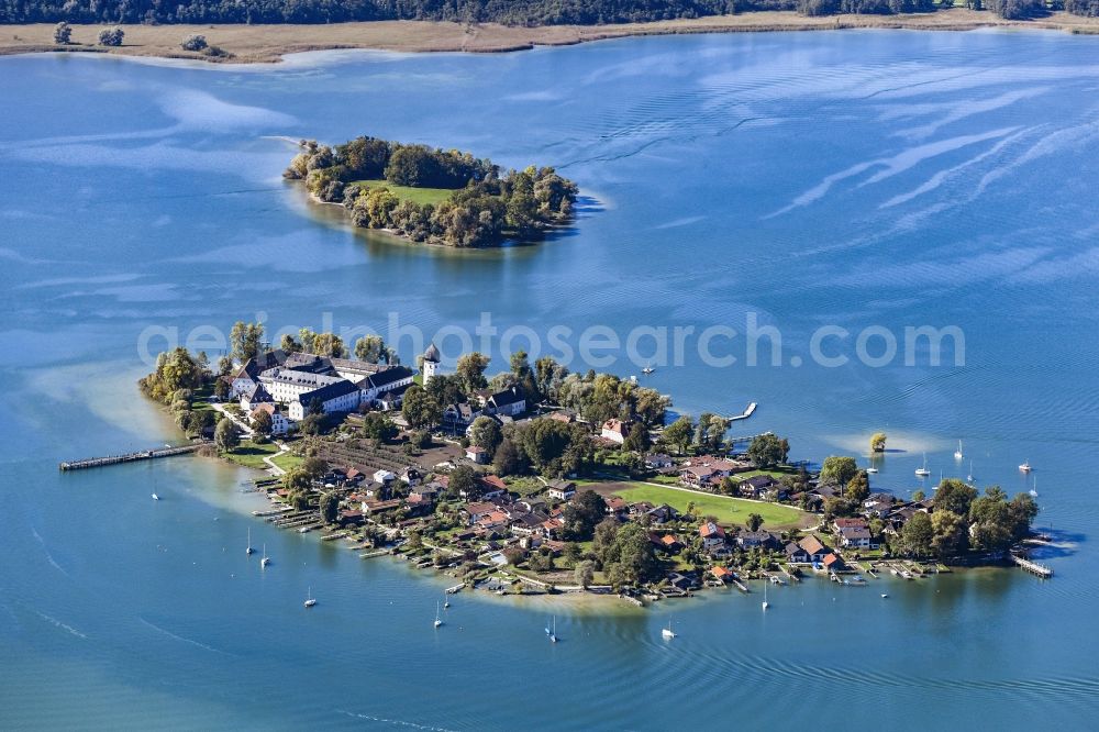 Aerial photograph Gstadt am Chiemsee - Insel Frauenchiemsee aka Fraueninsel with building complex of the Benedictine Abbey Frauenwoerth in the Chiemsee in the district of Rosenheim in the state of Bavaria