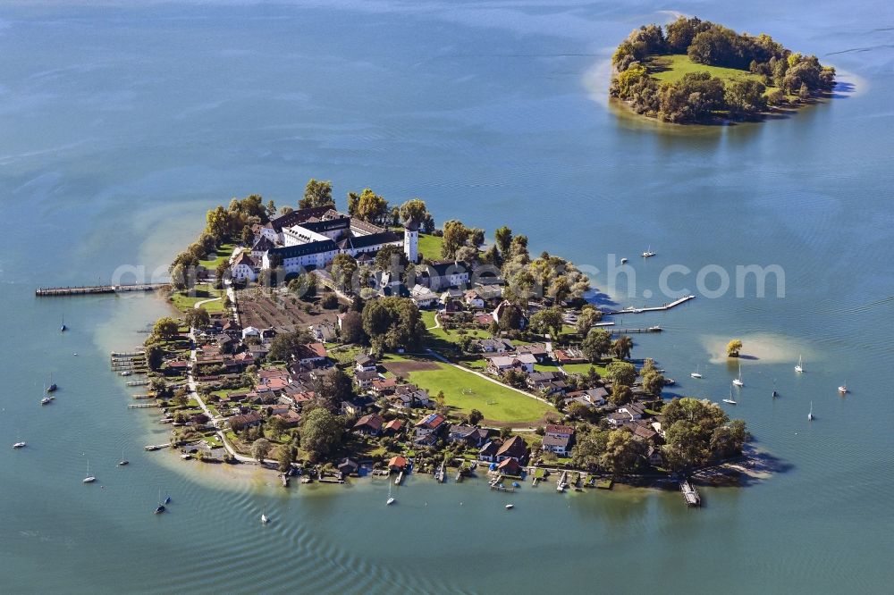 Gstadt am Chiemsee from above - Insel Frauenchiemsee aka Fraueninsel with building complex of the Benedictine Abbey Frauenwoerth in the Chiemsee in the district of Rosenheim in the state of Bavaria