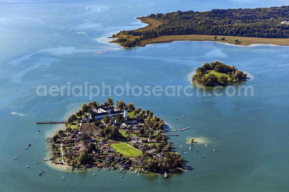 Aerial photograph Gstadt am Chiemsee - Insel Frauenchiemsee aka Fraueninsel with building complex of the Benedictine Abbey Frauenwoerth in the Chiemsee in the district of Rosenheim in the state of Bavaria