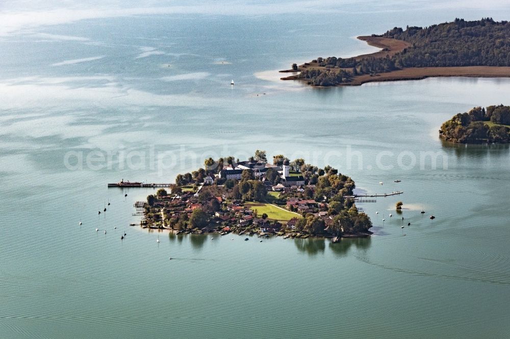 Chiemsee from the bird's eye view: Insel Frauenchiemsee aka Fraueninsel with building complex of the Benedictine Abbey Frauenwoerth in the Chiemsee in the district of Rosenheim in the state of Bavaria