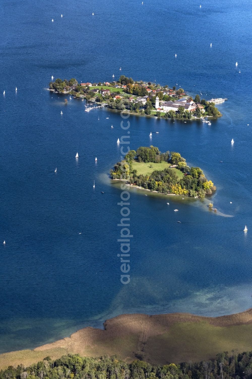 Chiemsee from above - Fraueninsel in the Chiemsee in the state of Bavaria, Germany with the abbey of the Benedictine women Frauenwoerth
