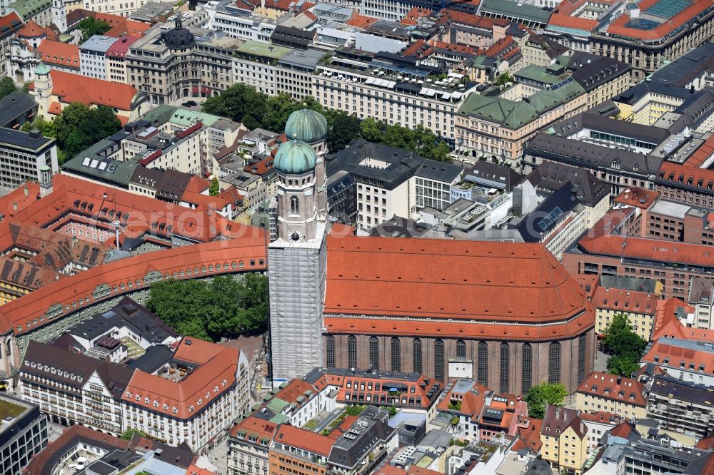 München from above - Church building of the Frauenkirche in the old town in Munich in the state Bavaria, Germany