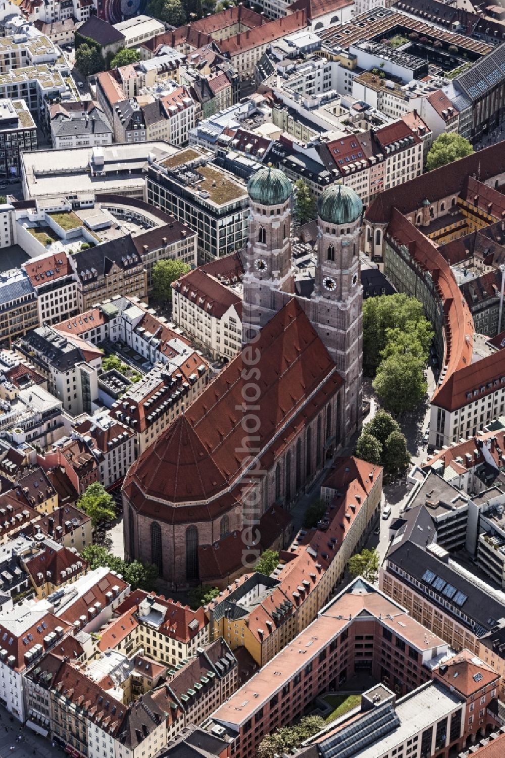 Aerial image München - Church building of the Frauenkirche in the old town in Munich in the state Bavaria, Germany