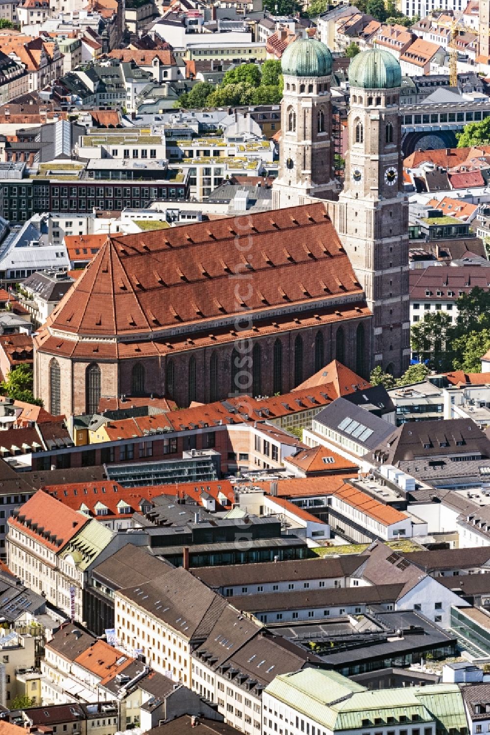 München from above - Church building of the Frauenkirche in the old town in Munich in the state Bavaria, Germany