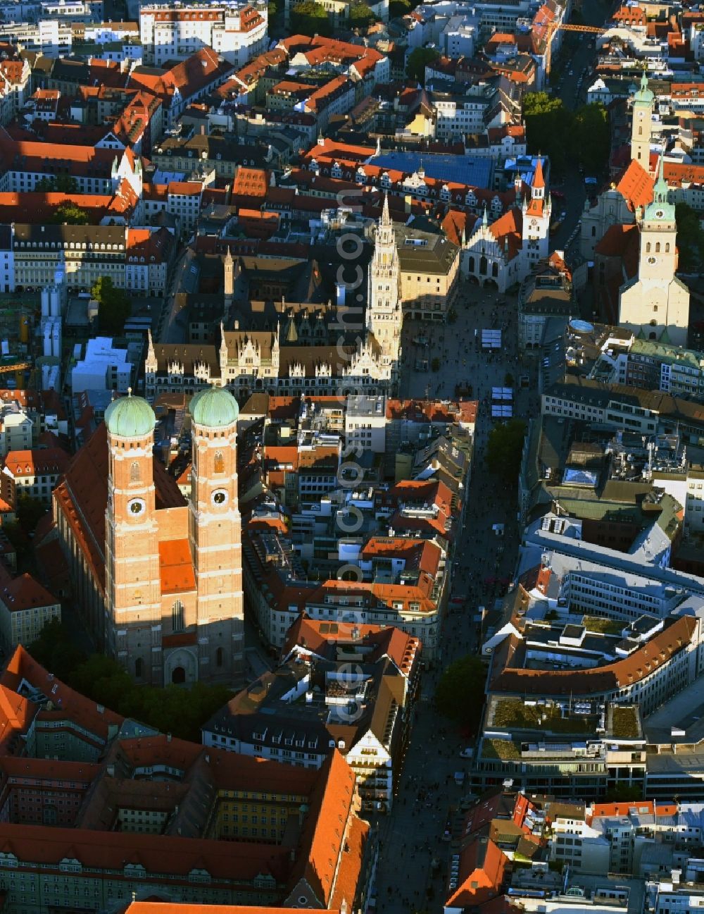 Aerial image München - Church building of the Frauenkirche in the old town in Munich in the state Bavaria, Germany