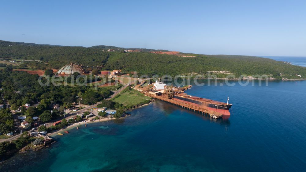Discovery Bay from the bird's eye view: Conveyors and mining pits at the headframe Noranda Bauxite Limited on street A1 in Discovery Bay in St. Ann Parish, Jamaica