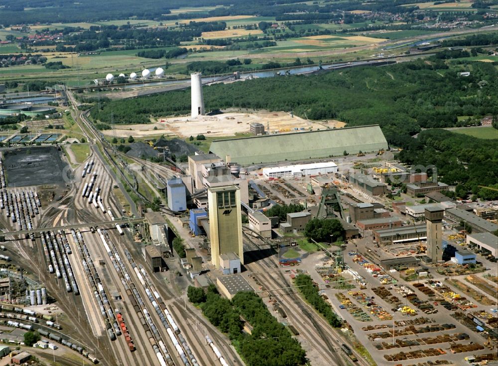 Marl from above - Mining shaft tower Auguste Victoria hard coal revier in Marl in the state North Rhine-Westphalia, Germany