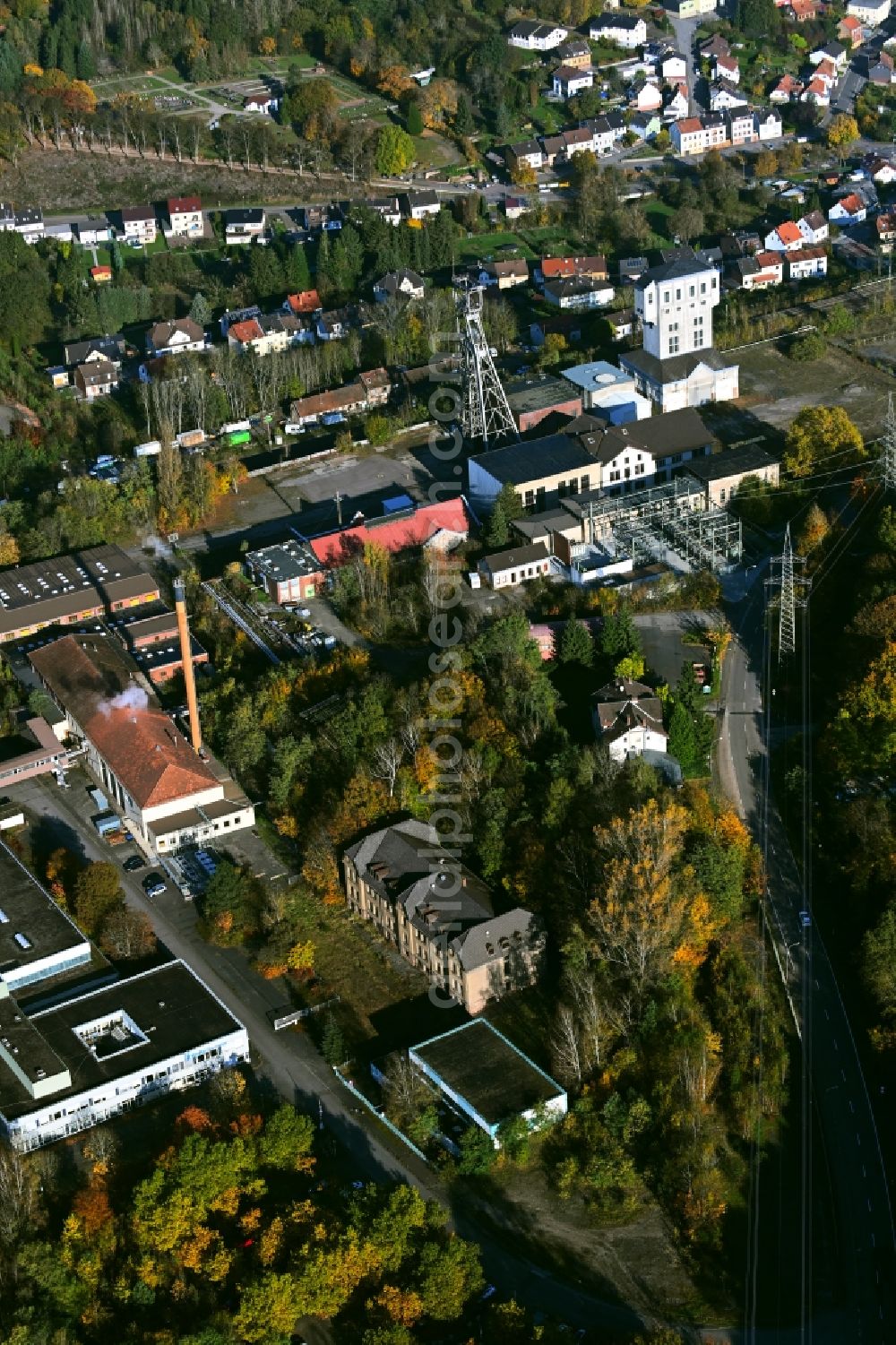 Aerial image Quierschied - Mining shaft tower Grube Camphausen hard coal revier in the district Fischbach in Quierschied in the state Saarland, Germany