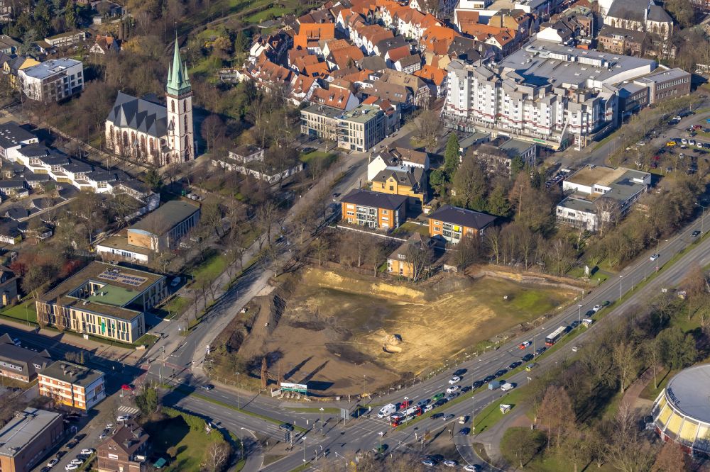 Aerial image Lünen - Open space of the construction site for a new residential and commercial building on Lange Strasse in Luenen in the Ruhr area in the state of North Rhine-Westphalia, Germany