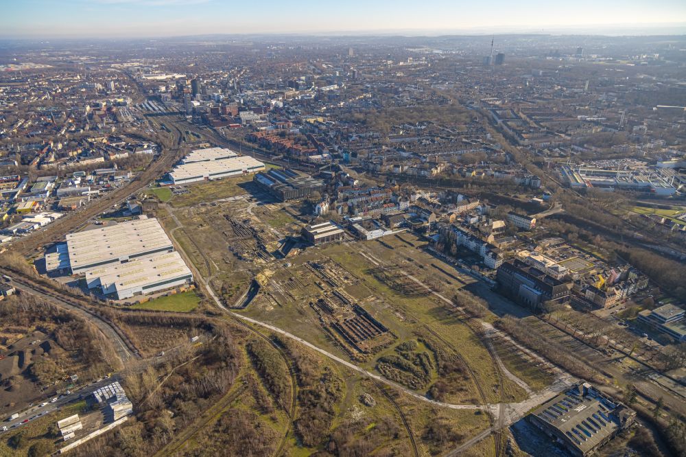 Dortmund from above - Open spaces in the industrial park Union Gewerbehof on Rheinische Strasse in the district Union in Dortmund in the Ruhr area in the state of North Rhine-Westphalia, Germany
