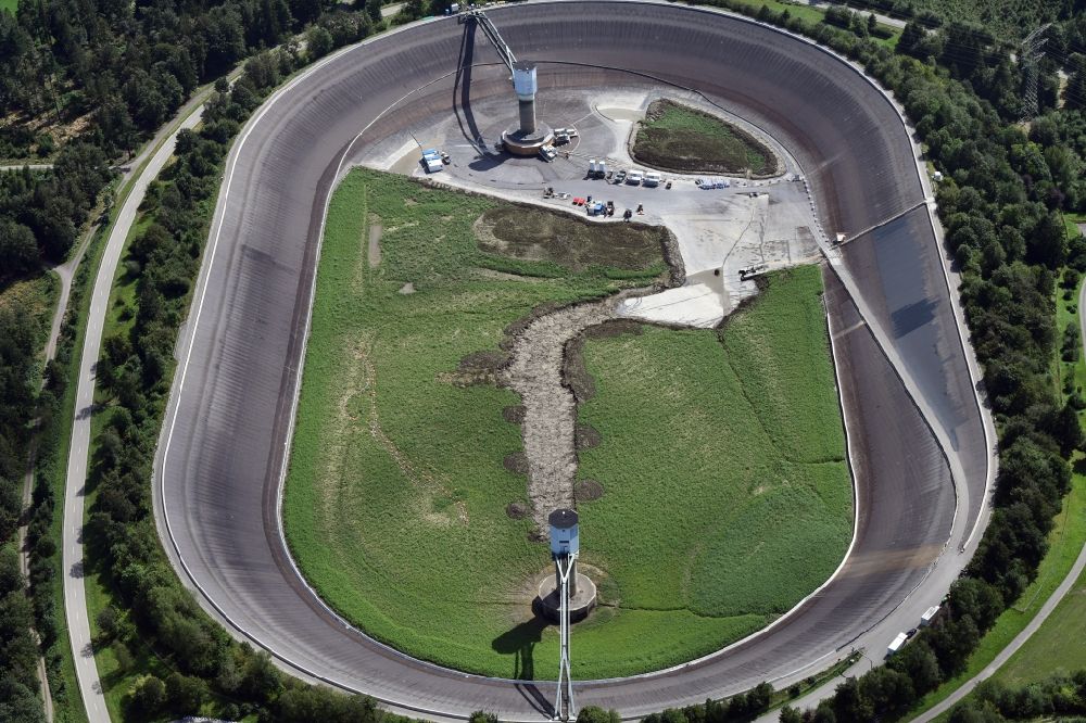 Aerial image Rickenbach - As part of the rehabilitation and repair exposed ground of the water reservoir and retention basin Eggbergbecken in the district Egg in Rickenbach in the state Baden-Wurttemberg, Germany