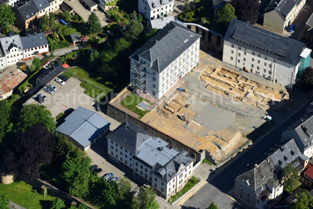 Annaberg-Buchholz from above - Exposure of archaeological excavation sites on the area for the tax office Anna's mountain book wood, to the former Franciscan's cloister Annaberg in Anna's mountain book wood in the federal state Saxony, Germany