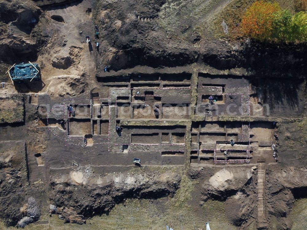 Aerial image Kuckenburg - Exposure of archaeological excavation sites on the area church in Kuckenburg in the state Saxony-Anhalt, Germany