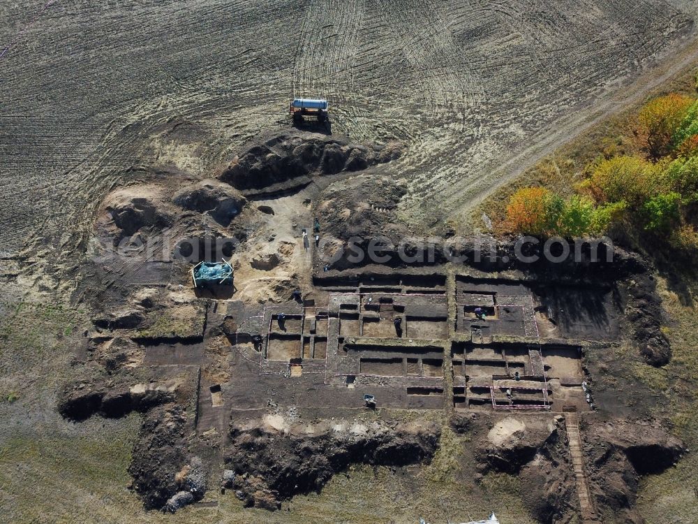 Aerial photograph Kuckenburg - Exposure of archaeological excavation sites on the area church in Kuckenburg in the state Saxony-Anhalt, Germany