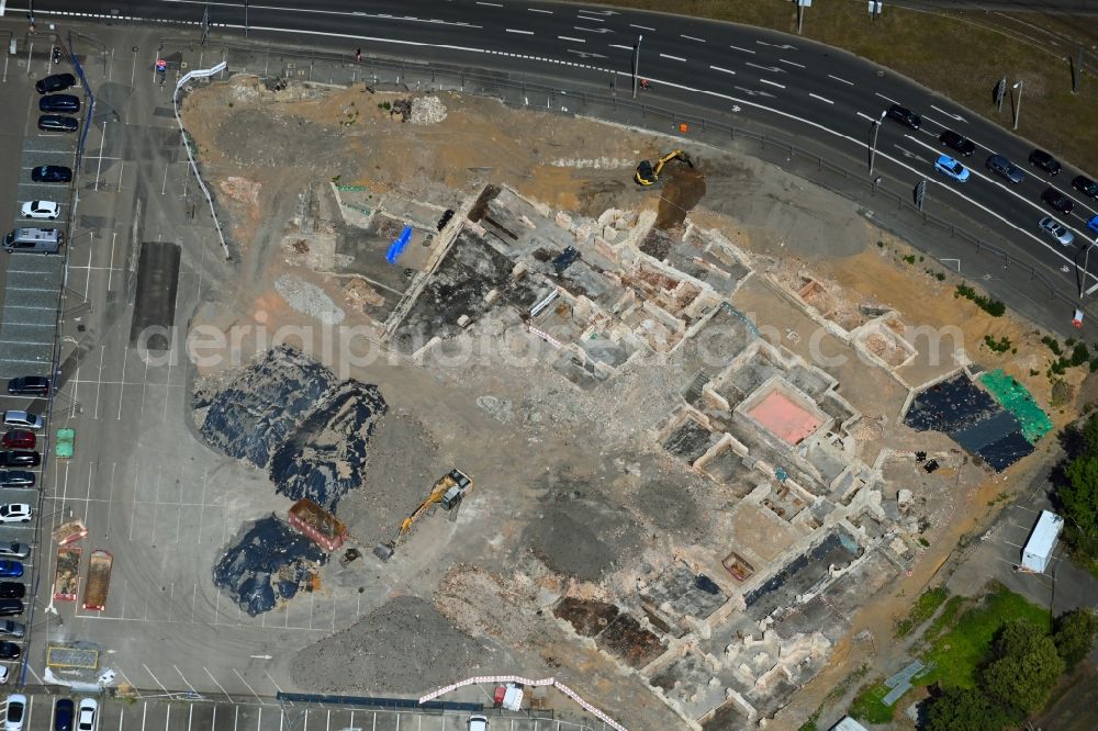 Dresden from the bird's eye view: Exposure of archaeological excavation sites on the area of Ferdinandplatz in Dresden in the state Saxony, Germany