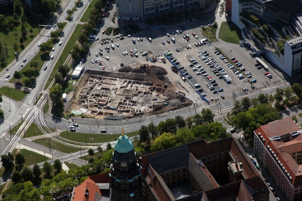 Aerial photograph Dresden - Exposure of archaeological excavation sites on the area of Ferdinandplatz in Dresden in the state Saxony, Germany