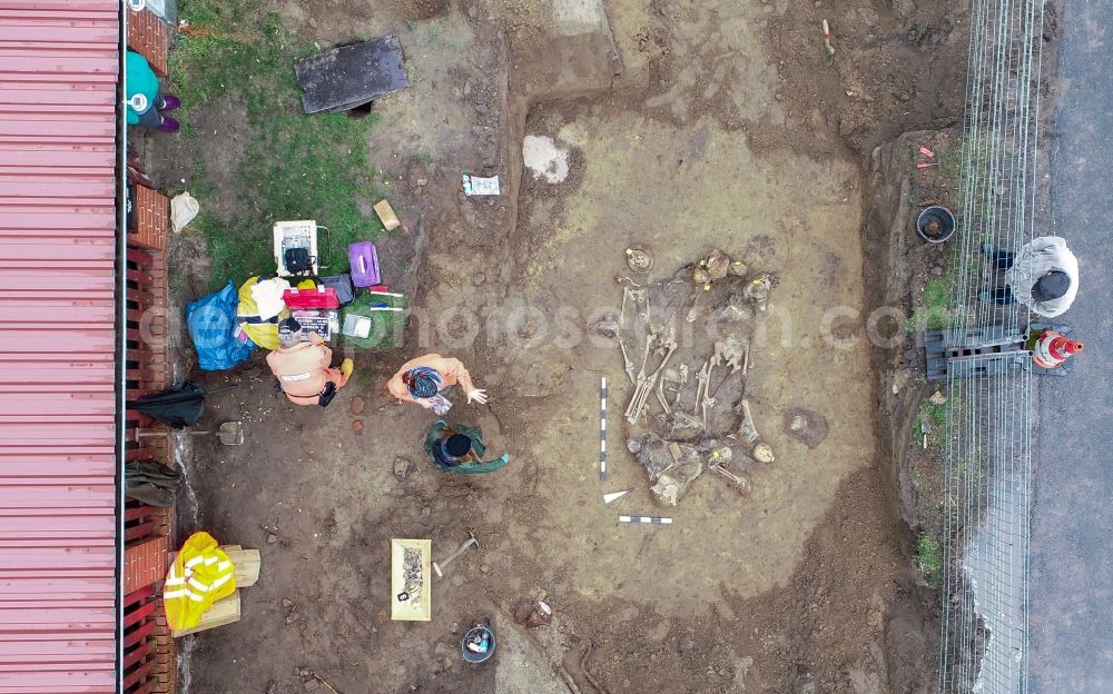 Klessin from above - Exposure of archaeological excavation sites after the remains of war dead from the Second World War in Klessin in the state Brandenburg, Germany