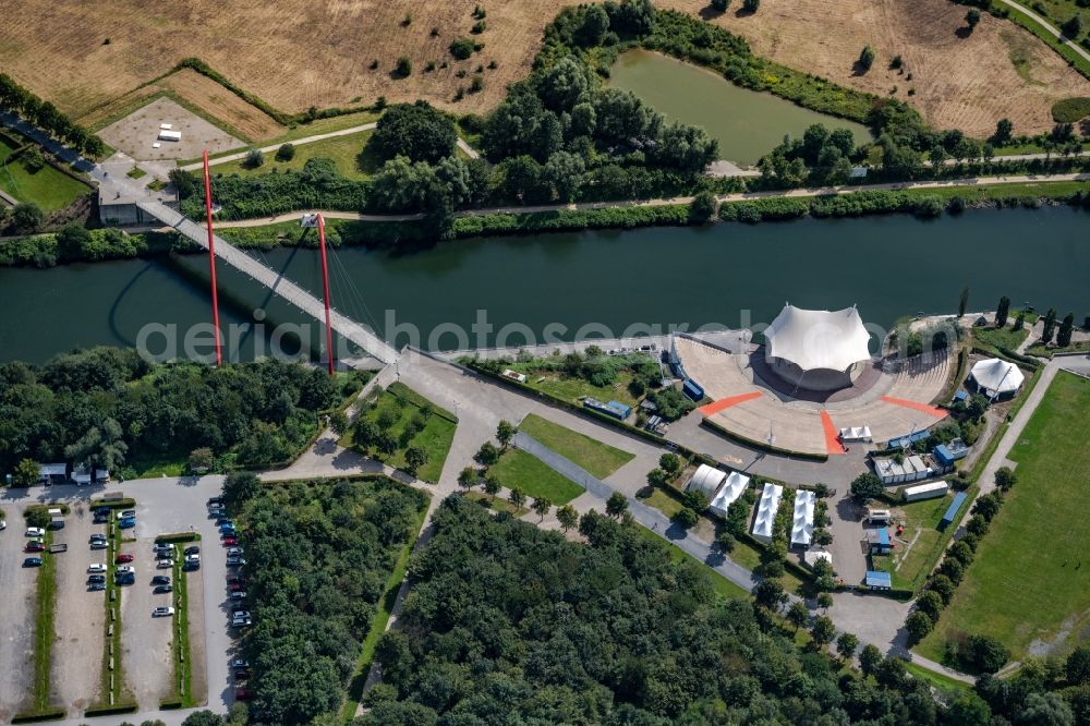 Aerial image Gelsenkirchen - Construction of the building of the open-air theater Amphitheater-Gelsenkirchen on Grothusstrasse on shore of river Rhein-Herne-Kanal in the district Horst in Gelsenkirchen at Ruhrgebiet in the state North Rhine-Westphalia, Germany