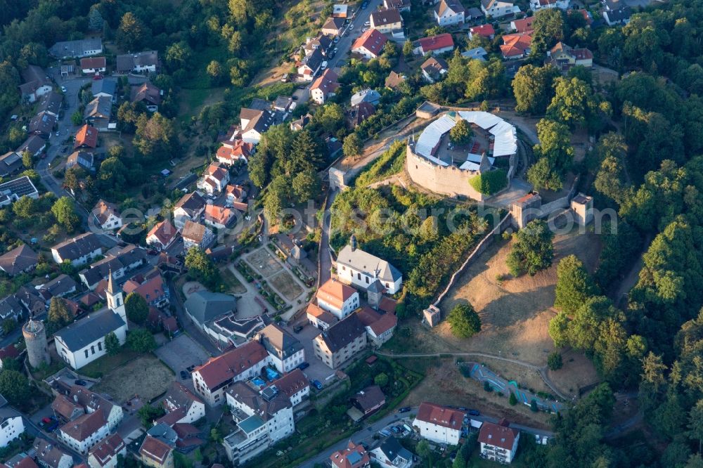 Lindenfels from above - Construction of the building of the open-air theater on the fortress Burg Lindenfels in Lindenfels in the state Hesse, Germany
