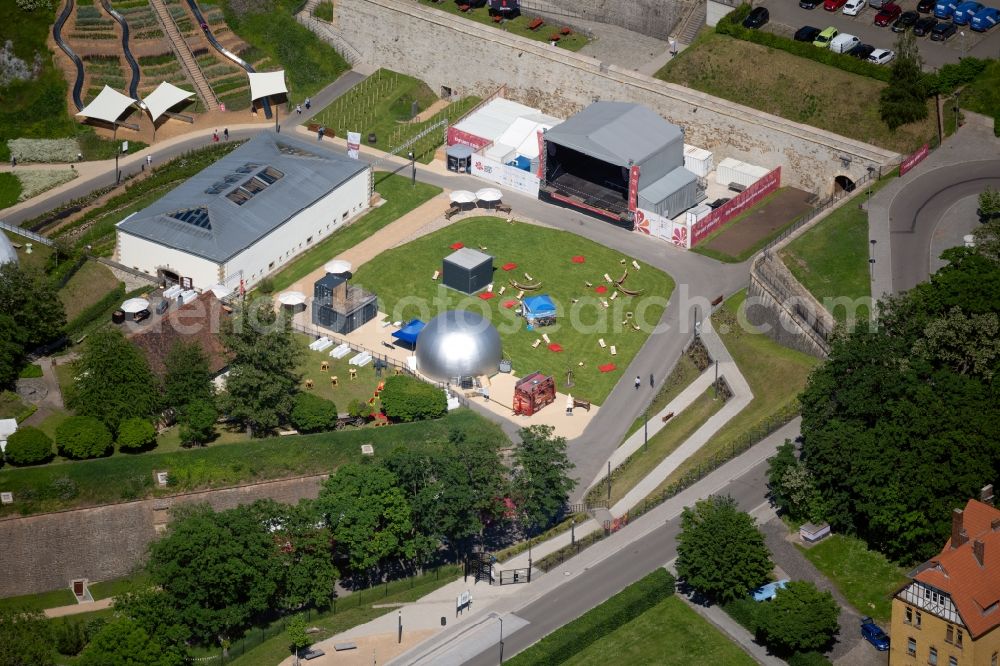 Erfurt from above - Construction of the building of the open-air theater auf dem Gelaende of BUGA 2021 on Petersberg in the district Altstadt in Erfurt in the state Thuringia, Germany