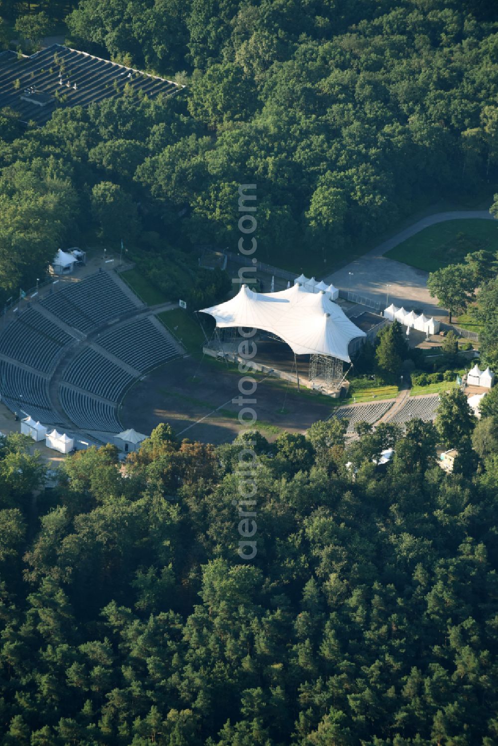 Aerial photograph Berlin - Construction of the building of the open-air theater Kindl-Buehne Wuhlheide on street An der Wuhlheide in Berlin in Germany