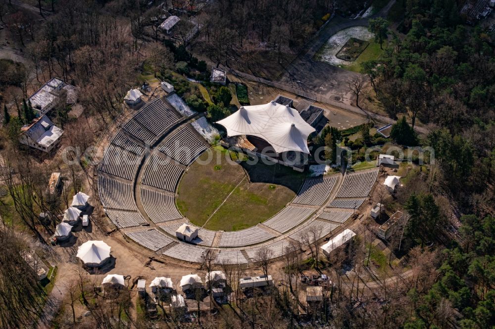 Berlin from above - Construction of the building of the open-air theater Kindl-Buehne Wuhlheide on street An der Wuhlheide in Berlin in Germany