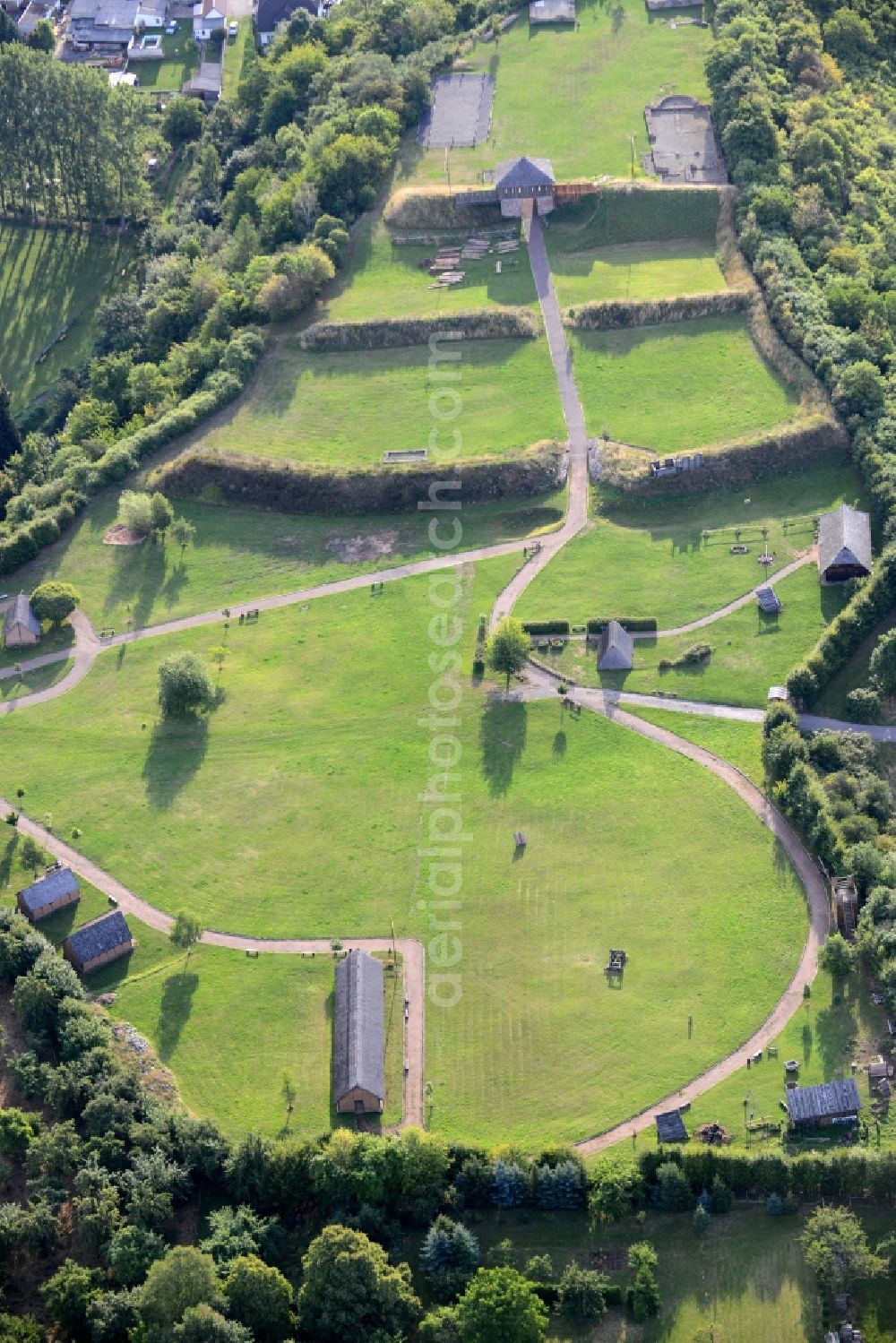 Aerial image Tilleda - Open air museum of the Koenigspfalz castle in Tilleda on Kyffhaeuser in the state of Saxony-Anhalt. The castle with its whole compound is the only completely excavated Pfalz in Germany and a station of the Street of the Romanesque