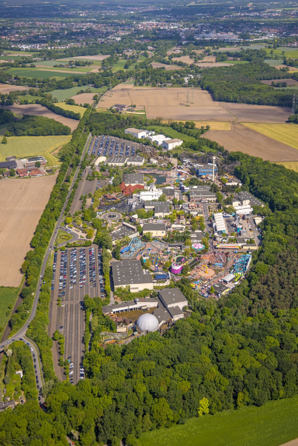 Aerial image Feldhausen - Fun Park Movie Park Germany in Feldhausen in the state of North Rhine-Westphalia. The movie and film themed fun park is closed for the winter