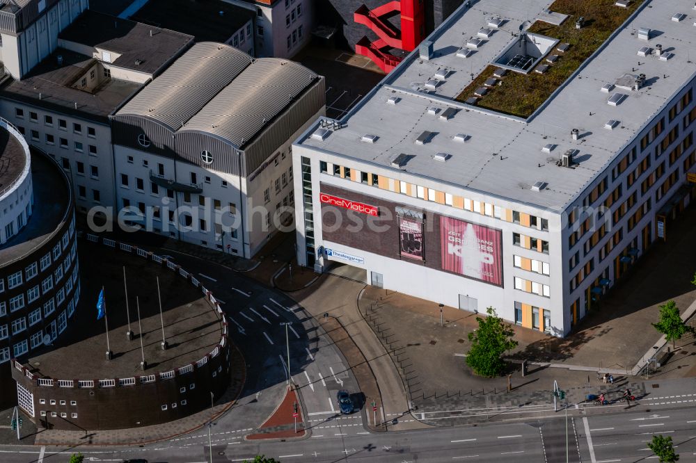 Aerial photograph Bremerhaven - Building of the cinema - movie theater CineMotion Bremerhaven on street Karlsburg in the district Mitte-Sued in Bremerhaven in the state Bremen, Germany
