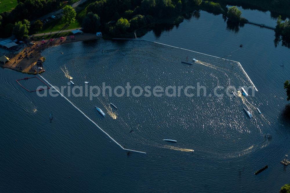 Absberg from above - Leisure center of water skiing - racetrack Wakepark Brombachsee on island Badehalbinsel in Absberg in the state Bavaria, Germany
