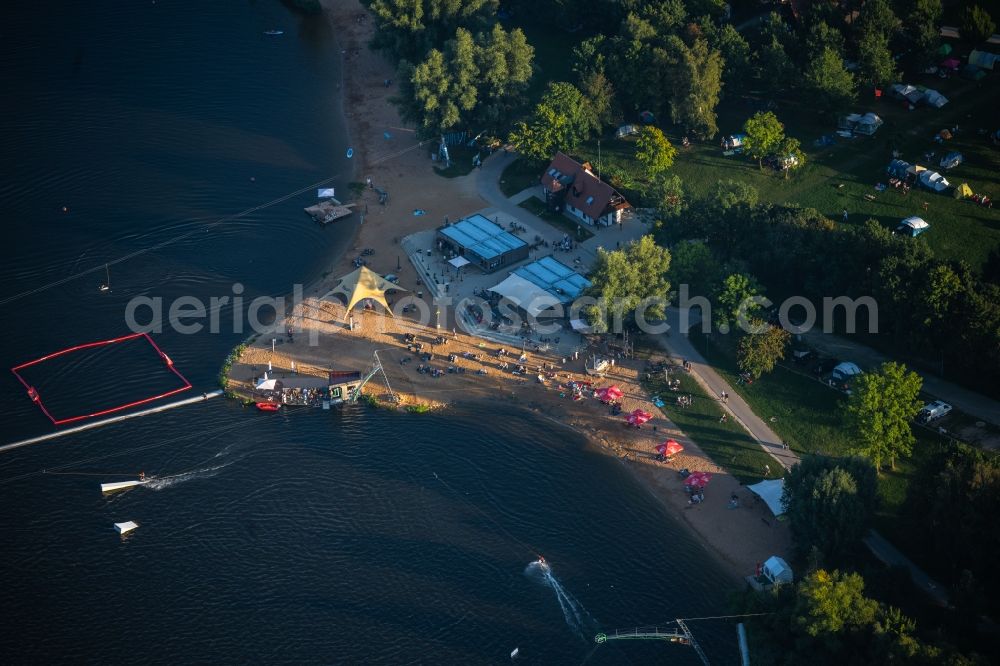 Absberg from above - Leisure center of water skiing - racetrack Wakepark Brombachsee on island Badehalbinsel in Absberg in the state Bavaria, Germany