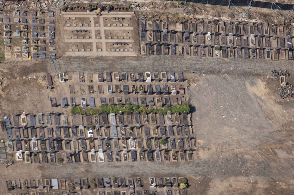 Aerial image Altenahr - Graveyard in Altenahr after the flood disaster in the Ahr valley this year in the state Rhineland-Palatinate, Germany