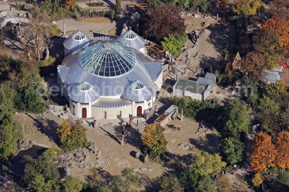 München from the bird's eye view: Zoo grounds Hellabrunn in Munich, Bavaria. The picture shows the monumentally protected elephant house immediately before reopening